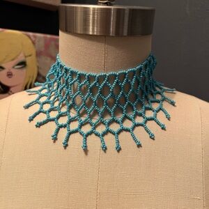 Vintage Turquoise Seed Bead Blue Choker Handmade Crochet Boho Collar Necklace